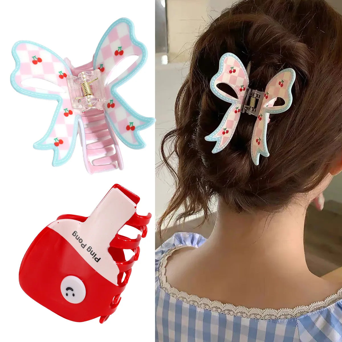 Dopamine-based Checkered Bow Cherry Hair Claws Acetate Personalized Creative Table Tennis Racket Grip Versatile Handmade Shark