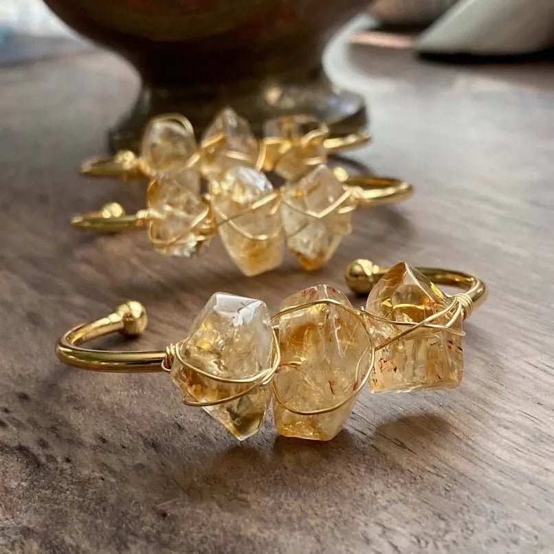 BM33620 Citrine Quartz Bangle Bracelet Women Gold Plated Stainless Steel Cuff Femme Boho November Birthstone Statement Jewelry