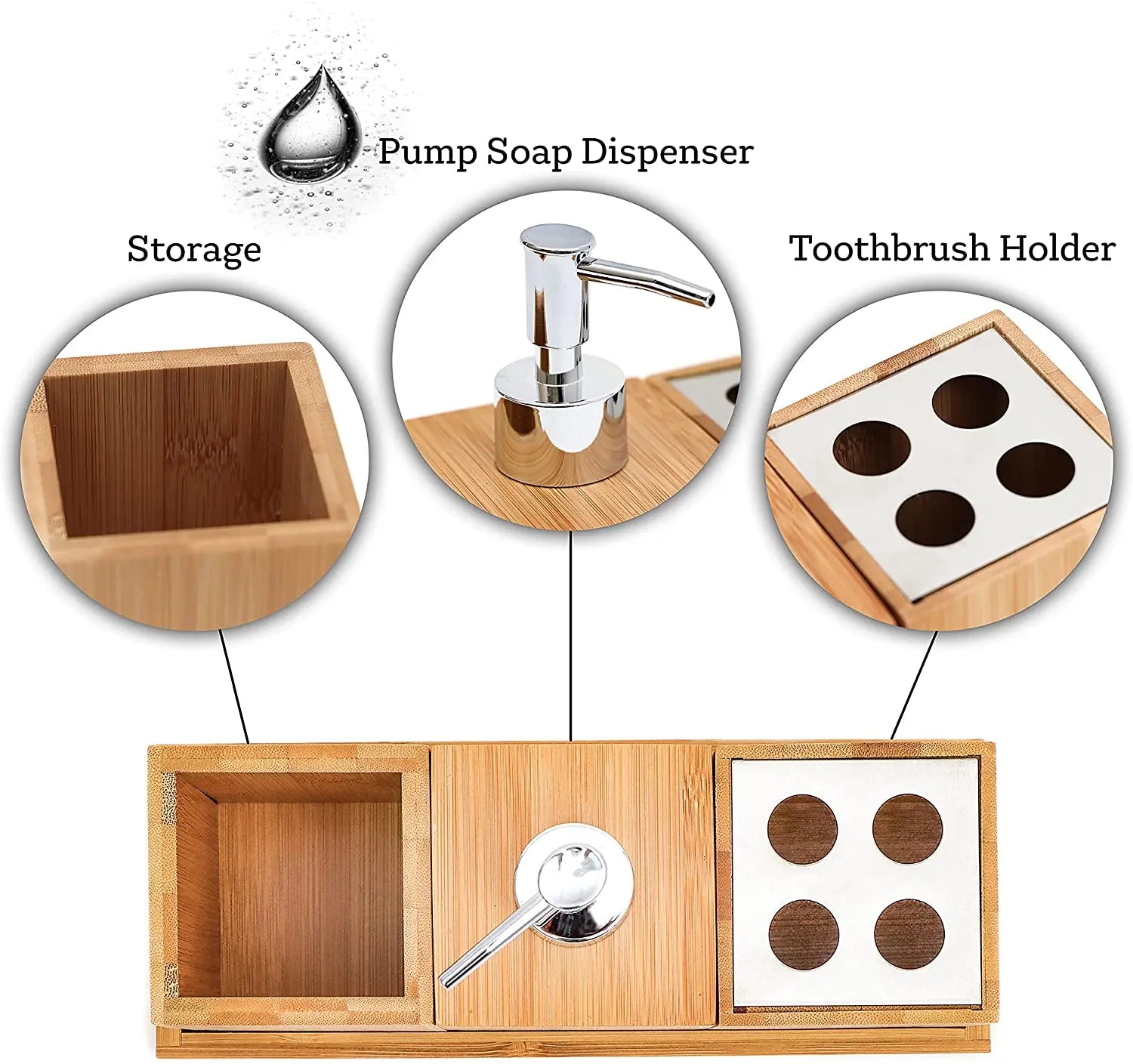 HOMEDEC LY-12 100% Natural Bamboo Bath Caddy Set with Soap Dispenser and Toothbrush Holder for Hotels