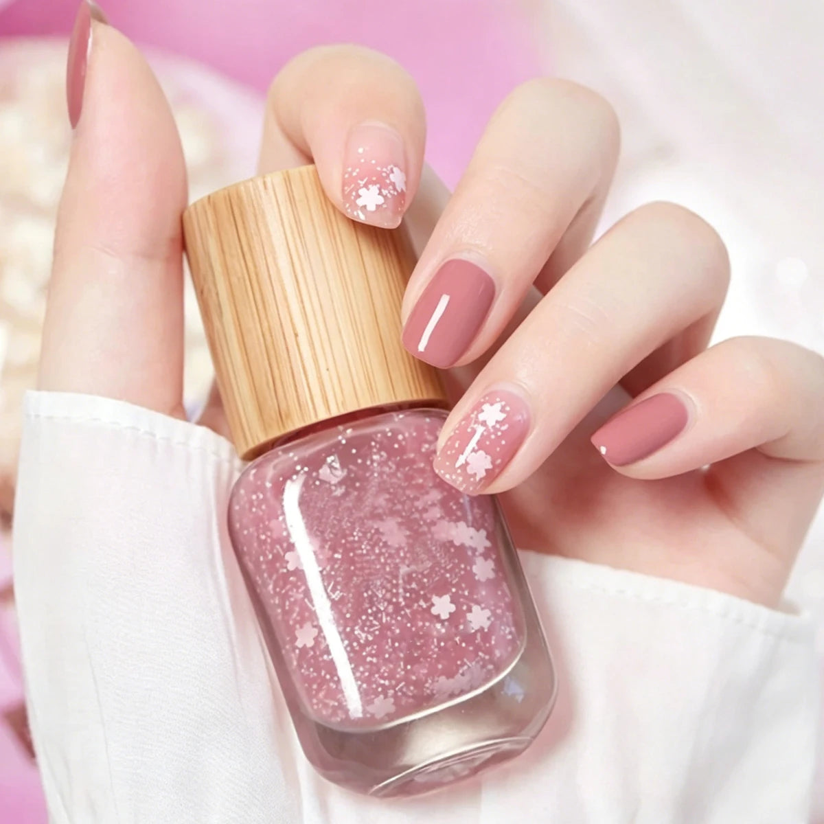 TANGIBLE Eco-friendly 10ml Transparent Glass Nail Polish Bottle Bamboo Cap Brush Flat Shape Hot Stamping Frost Silk Screen