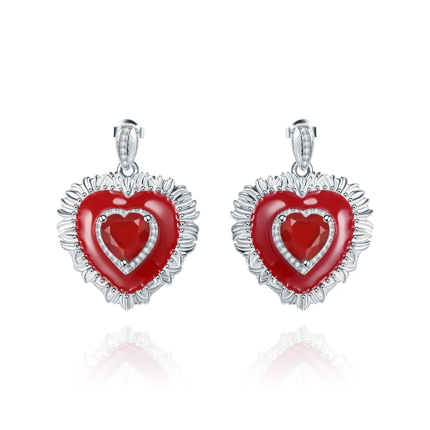 C8235 Abiding Heart Shape Ear Ring Natural Red Agate Stone Jewelry 925 Sterling Silver Earring Studs for Women
