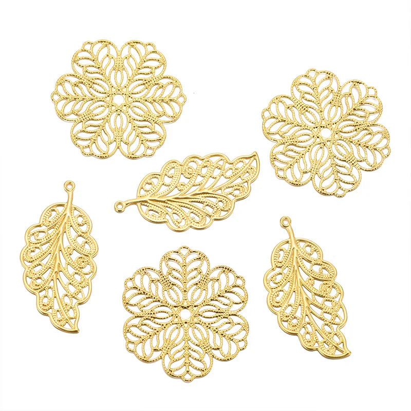 Accessories Stainless Steel Filigree Connector Pendants Flat Round Leaf Flower Pendants for Jewelry Making DIY Decor