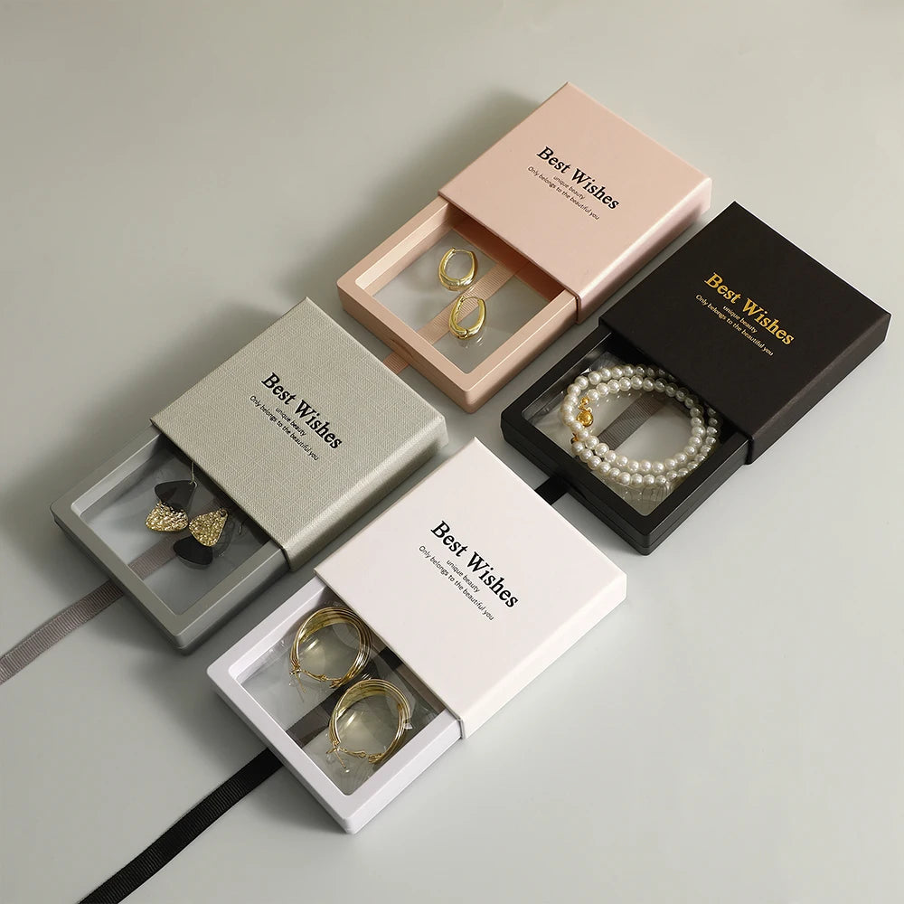 PUPPYSEW  7.5*7.5cm Jewelry Box Transparent PE Film Display Box With Ribbon Necklace Bracelet Ring Earring Packing Box With logo