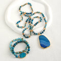 Bohemia Retro Style Jewelry Festival Gift 6mm Natural Stone Glass Knotted Agate Pendant Necklace 2pcs Stacked Bracelet Set