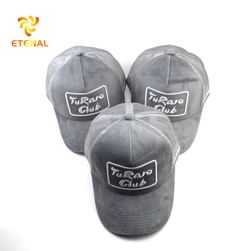 OEM Custom Logo Hip Hop Adjustable Trucker Baseball Cap 5 Panel Velvet Mesh Herringbone Embroidery Design Trucker Hat
