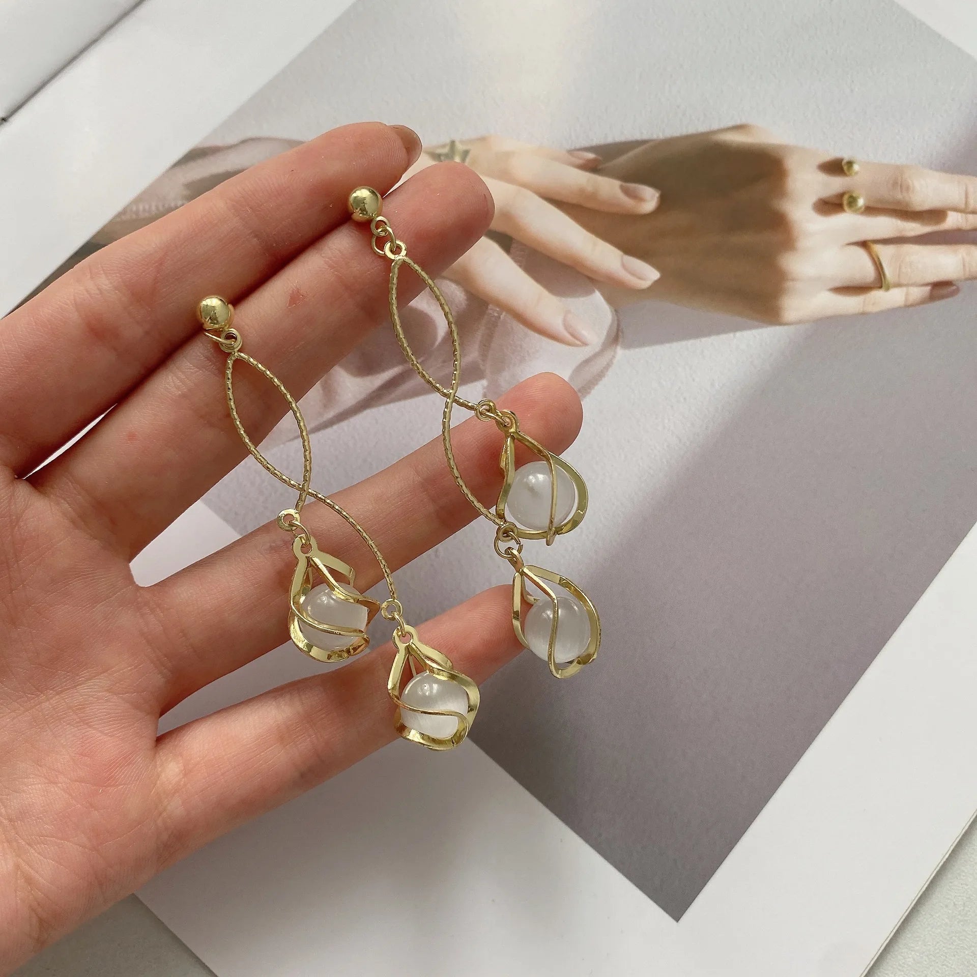 Long Retro Earrings Temperament Tassel  14K Gold Plated Cat Eye Stone Earrings Charrm Jewelry Women
