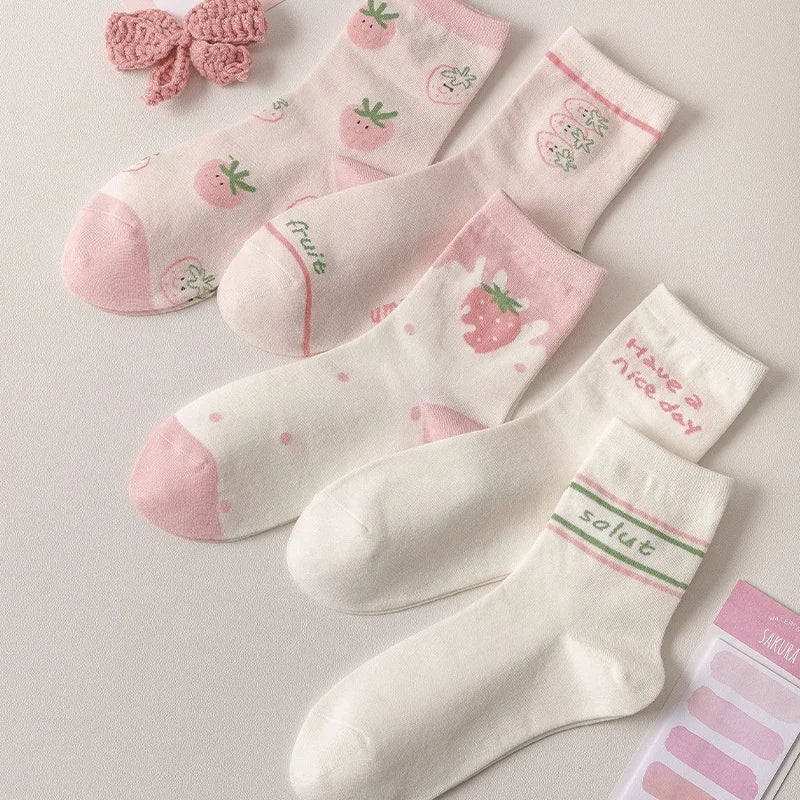 Wholesale Summer Strawberry Avocado Fruit Socks Girls Cute Organic Cotton Crew Socks for Women