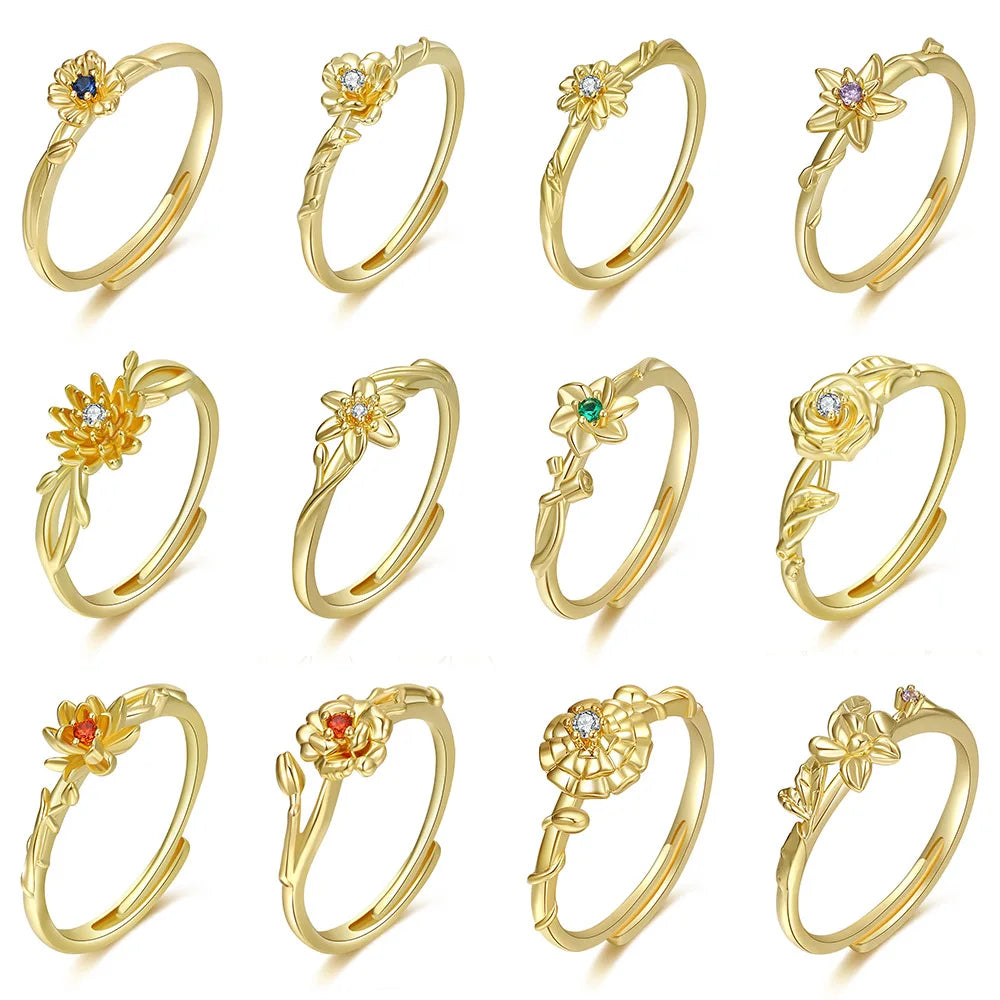 Vintage Style Open Ring Adjustable 12 Month December Flower Birthstone Rings Women Jewelry