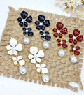 Ilona Elegant French Style Flower Enamel Pearl Drop Earrings 18K Gold Plated Copper Vintage Floral Statement Studs Jewelry Gift