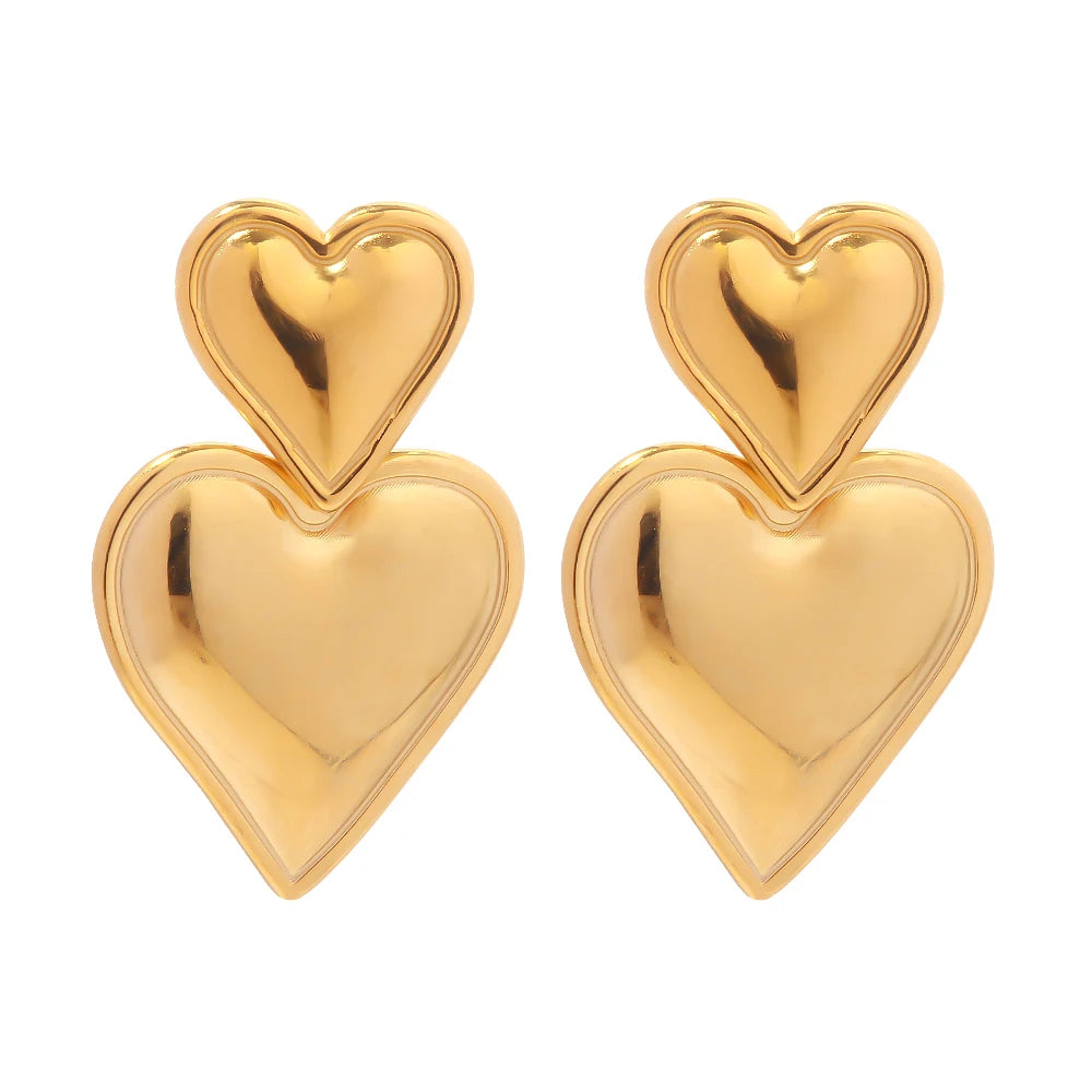 Luxury Trendy Double Heart 18K Stainless Steel Gold Plated Silver Plated Smooth Love Titanium Drop Earrings MegaBDM