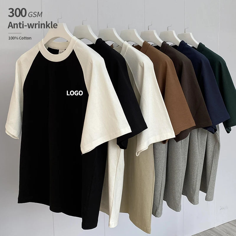 300grams Heavy 100% Cotton Anti-wrinkle Breathable Oversized Contrast Raglan Sleeves Vintage t Shirt for Men