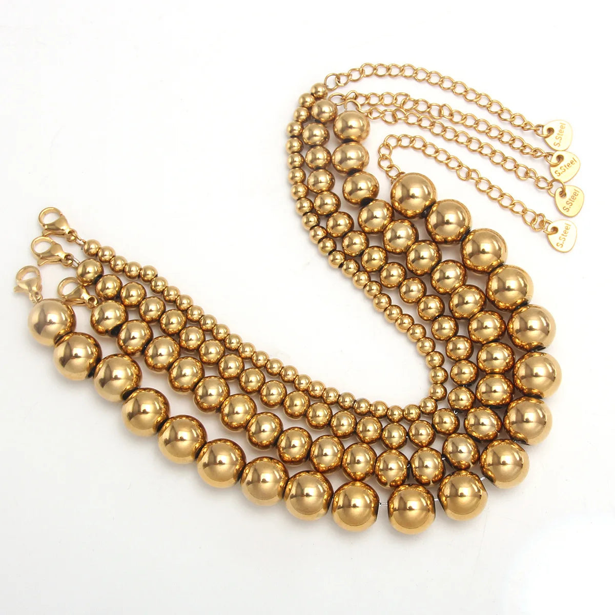 Round Ball 10/8/6/4MM Beads Adjustable Bracelet Jewelry 18k Gold Plated Stainless Steel Beaded Bracelet