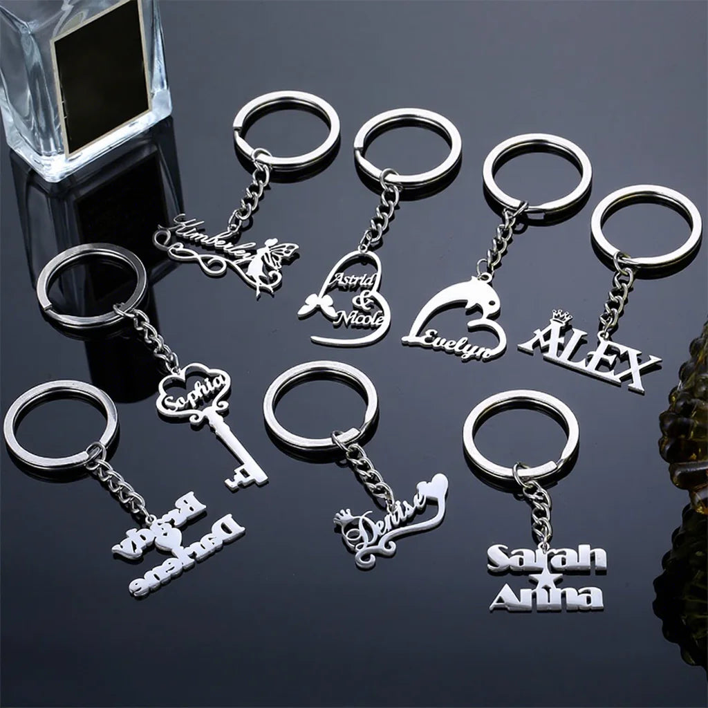 Personalized Stainless Steel Heart Butterfly Crown Customized Name Pendant Keychain