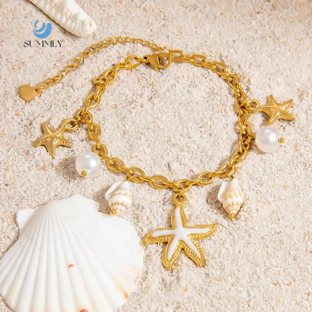 SUMMLY Vintage Wholesale 18K Gold-Plated Stainless Steel Chain Bracelet Fine Trend Starfish Charm Fashion Jewelry