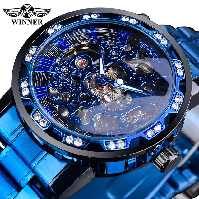 Winner Watch Transparent Diamond Mechanical Watch Steel Skeleton Watches Men Wrist Luxury Business Luminous Clock Dropshipping