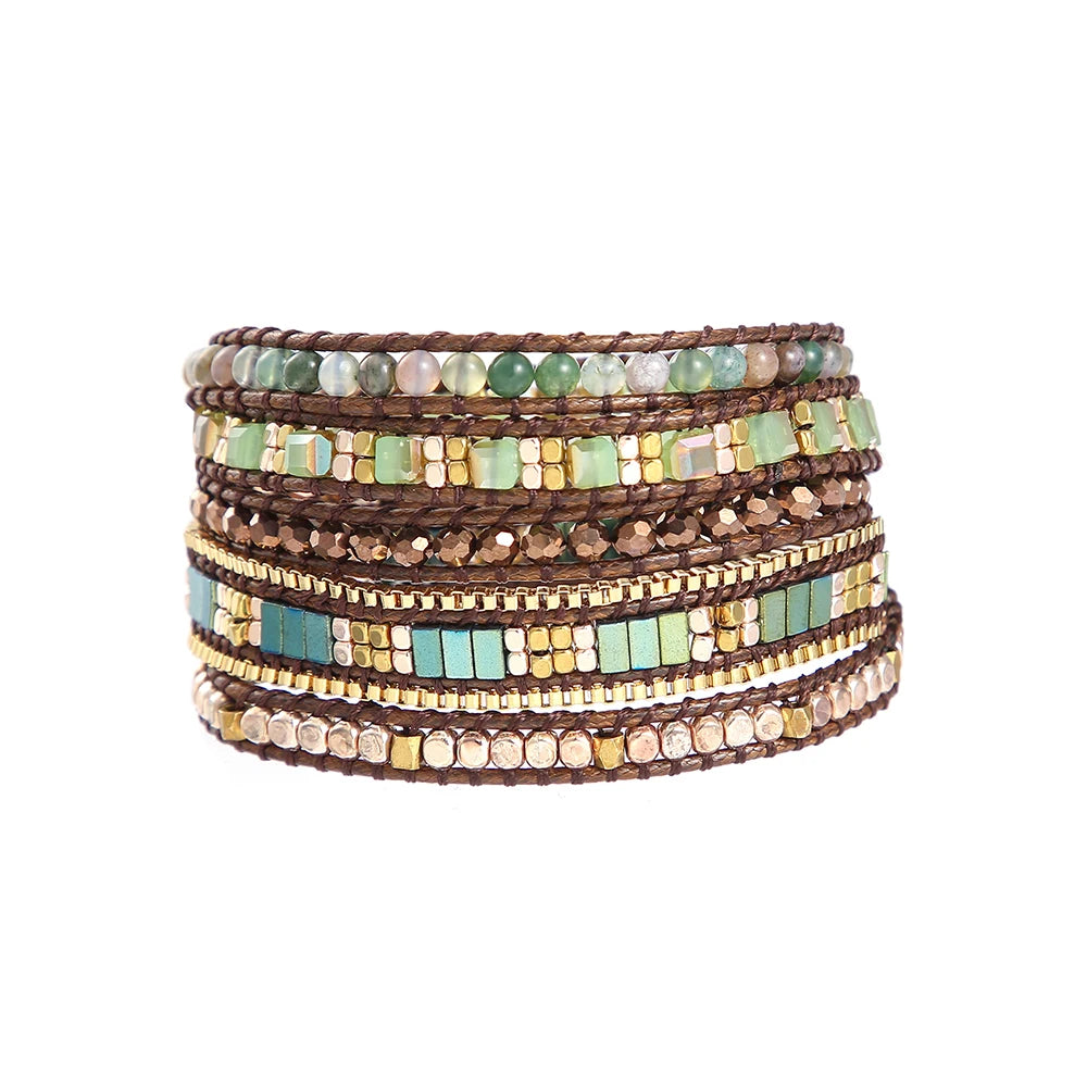 5Layers Green Crystal Natural Stone Agate Wrap Bracelet for Women Gold Plated Stainless Steel Box Chain Boho Bracelets Jewelry