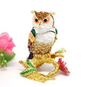 SHINNYGIFTS Metal Craft Owl Flower Trinket Box Pewter Enamel Figurine Plating Technique for Home Decoration Jewelry Gift Giving