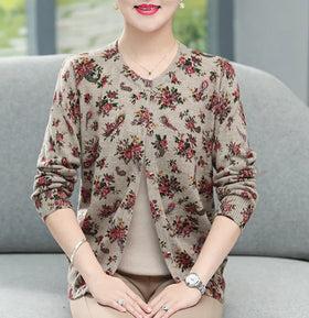 New Arrival Crew-neck Floral Printing Cardigan Sweater Middle-aged and Elderly Knitwear for Women's Sweater