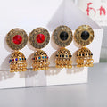 Vintage Bohemian Ethnic Jewelry Women Drop Gold Bell Gemstone Long Strip Jhumki Gypsy Bell Dangle Earrings