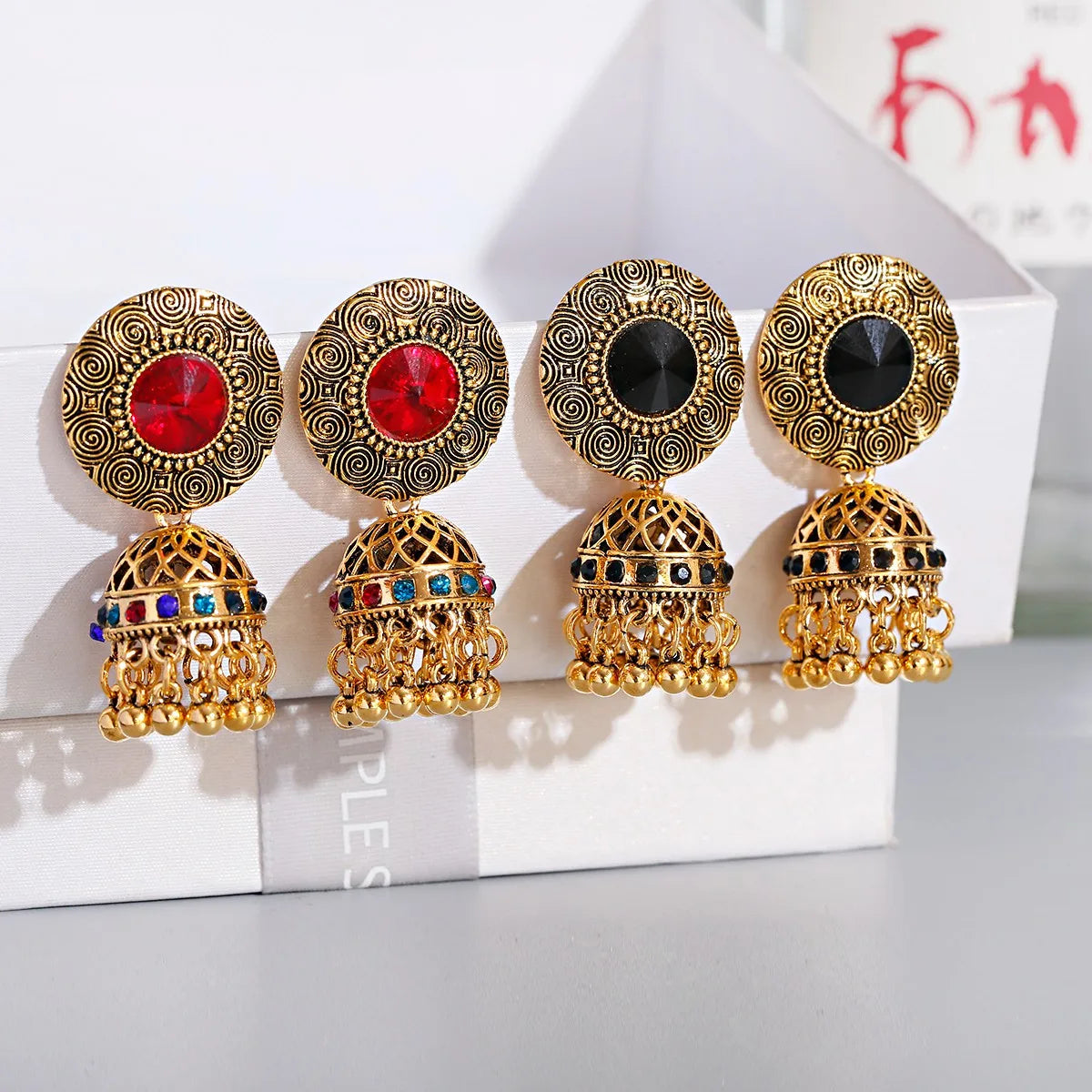 Vintage Bohemian Ethnic Jewelry Women Drop Gold Bell Gemstone Long Strip Jhumki Gypsy Bell Dangle Earrings