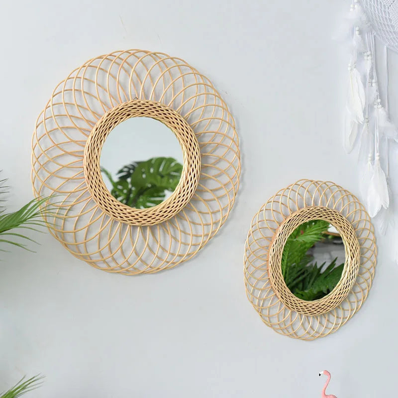 Round Boho Mirror Art Decor for Apartment Living Room Hanging Wall Mirror