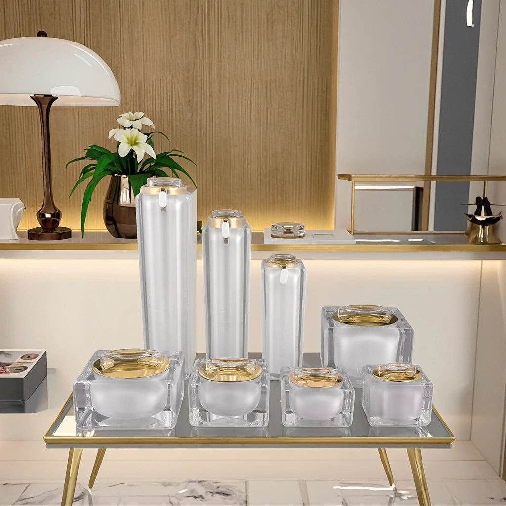 Luxury 30g 50g Small Face Cream Acrylic Jar Bottle Set White Plastic Gold Cap for Skin Care Serum Cosmetics