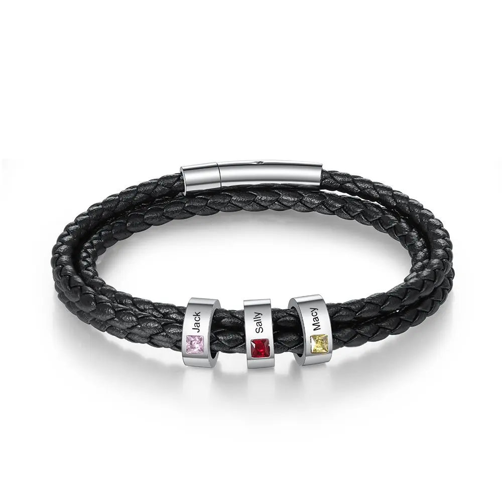 Qiuhan Lettering Leather Chain Father's Day Gift Birth Stone Custom Name Bracelet