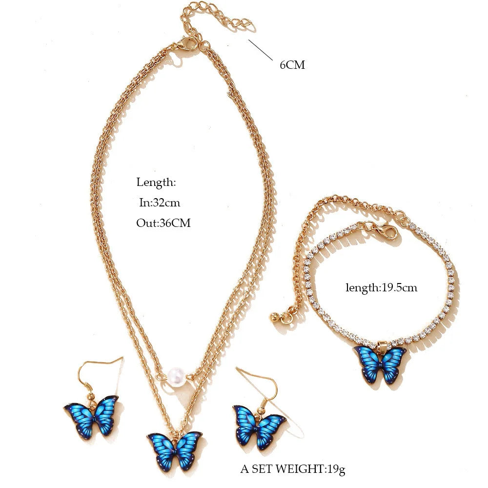 Hot Selling Classic Gold Plated 3-Piece Butterfly Pendant Jewelry Set Women Earrings Pearl Necklace Zircon Bracelet Wedding MegaBDM