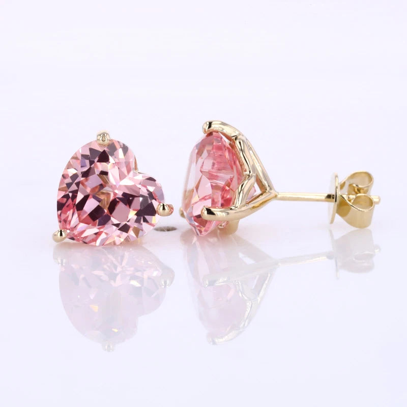 Starsgem Pink Color 6.5*6.5mm Heart Cut Lab Grown Sapphire 14K Soild Yellow Gold Stud Earring