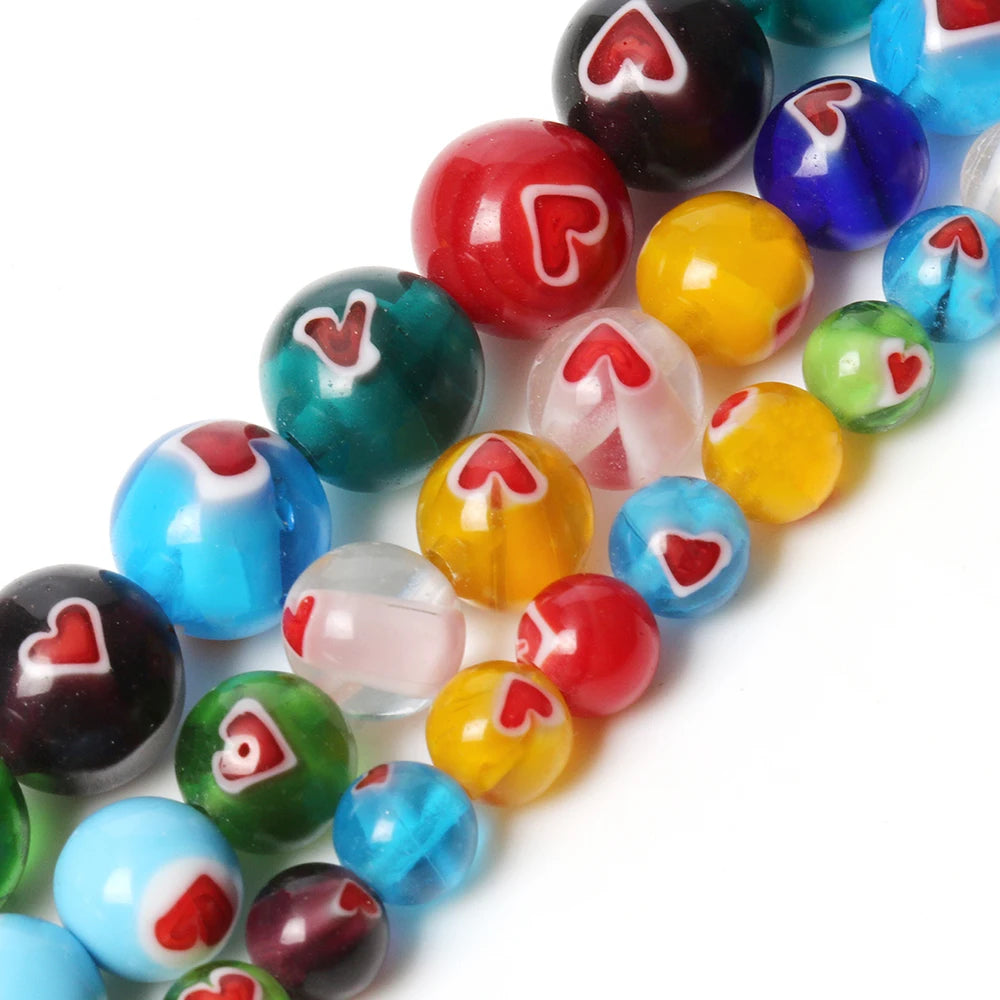 Wholesale Strand Heart Pattern Ball Shape Murano Millefiori Slice Lampwork Glass Beads Mixed Color for Bracelet Jewelry DIY
