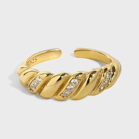 Ins Hot Selling 18K Gold Plated Chunky Crystal Micro Pave Diamond 925 Sterling Silver Cz Stone Open Croissant Rings for Girls