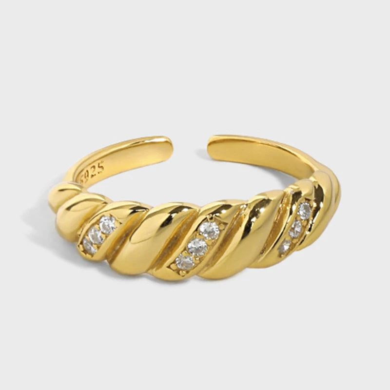 Ins Hot Selling 18K Gold Plated Chunky Crystal Micro Pave Diamond 925 Sterling Silver Cz Stone Open Croissant Rings for Girls