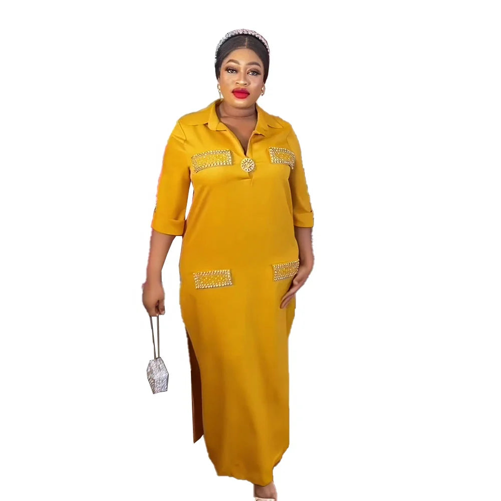 New Design Adults African Women Clothing Mid-sleeve Shirt Collar Shirt Dresses Women Casual Rhinestone African Attire