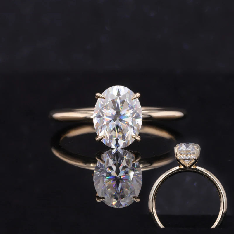 Starsgem Solitaire Yellow Gold Brilliant Crushed Ice 1 2 3 Carat 1.5ct 3ct 5ct Hidden Halo Oval Moissanite Ring
