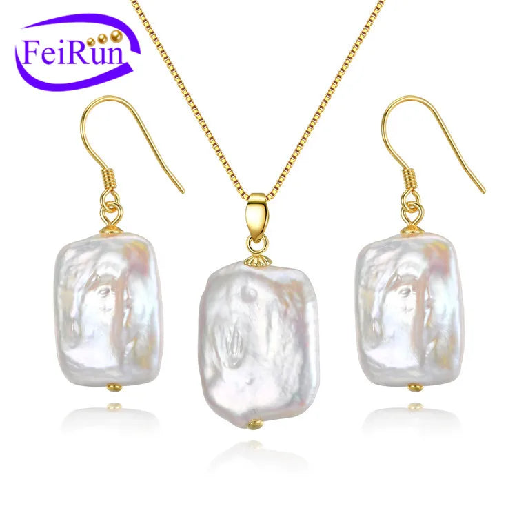 FEIRUN 15*20mm Rectangle Wholesale 925 Sterling Silver Natural Freshwater Pearl Set
