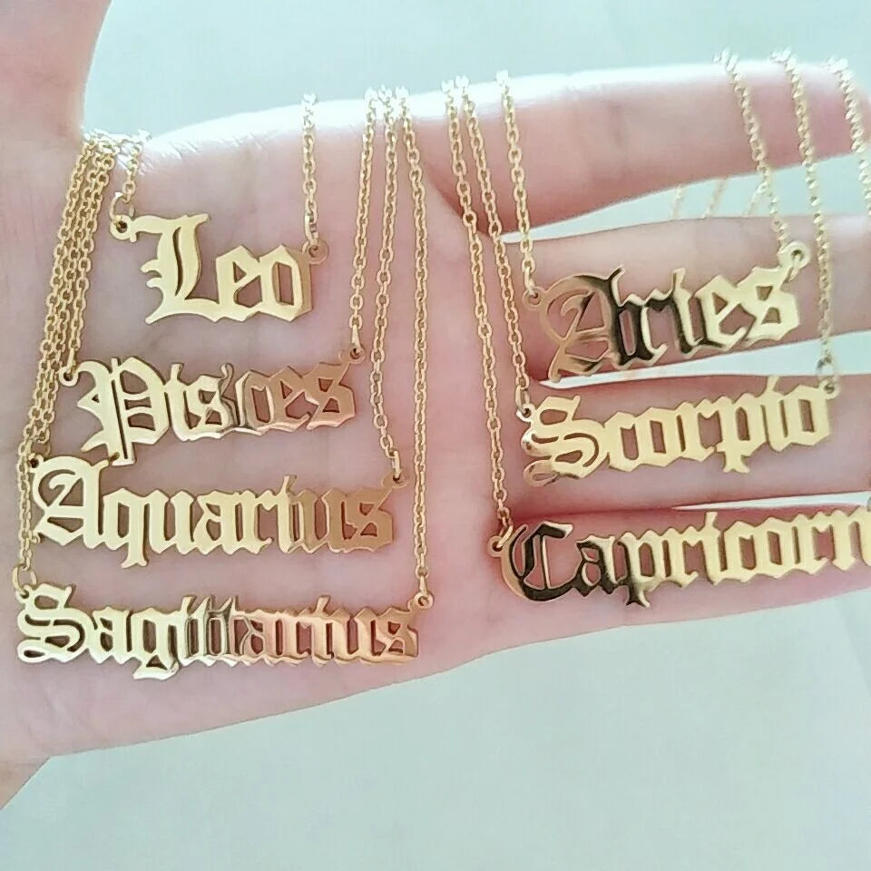 Non Tarnish Waterproof Jewelry Stainless Steel Gold Plated 12 Zodiac Vintage Letter Pendant Choker Necklace for Women