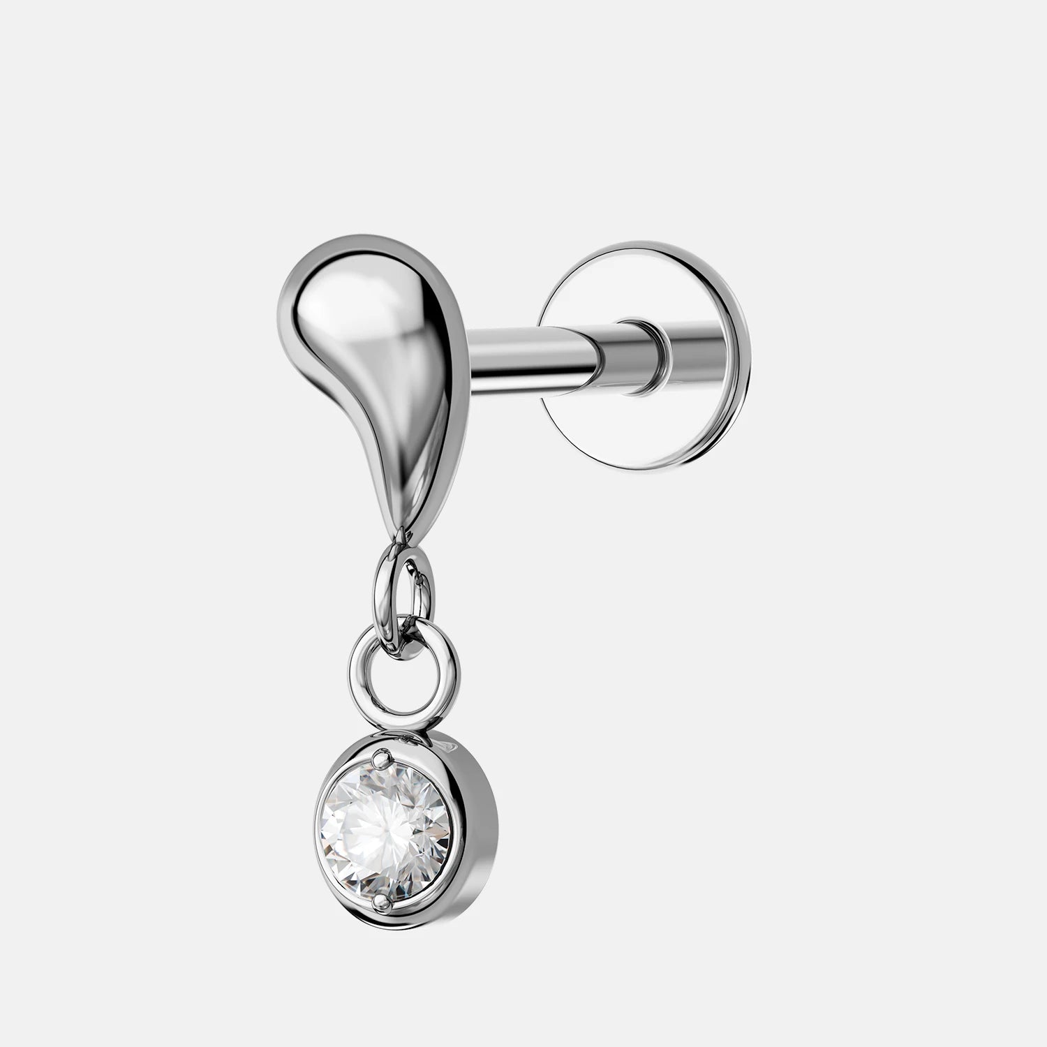 TOPOSH Minimalist Silver Teardrop Earrings with Zircon Bezel Setting Labret with Internal Thread for Cartilage and Helix Use