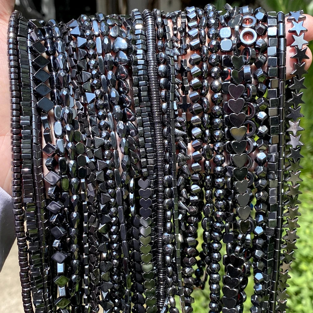 45 Style Natural Black Hematite Stone Beads Star Geometric Column Heart Loose Spacer Beads for Jewelry Making Bracelets Necklace
