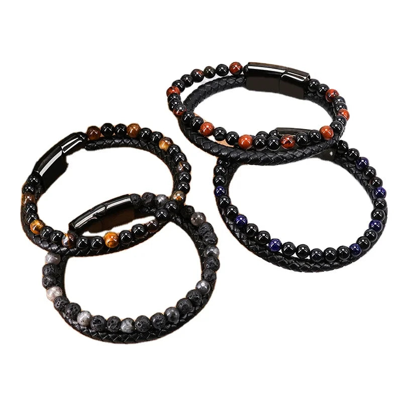 Punk Tiger Eye Lava Men Natural Stone Bead Alloy Magnetic Clasp Black Genuine Leather Bracelet