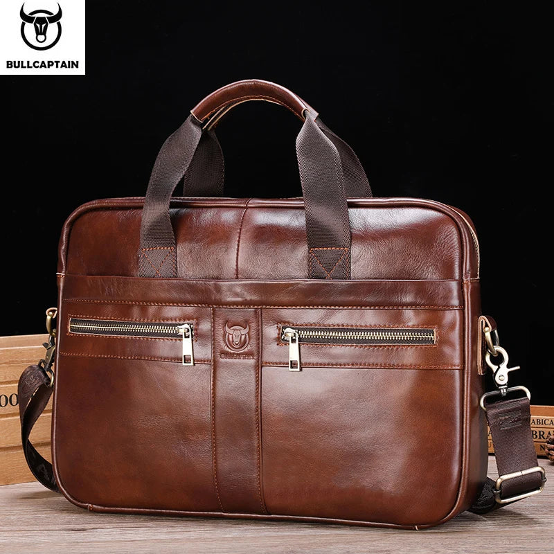 BULLCAPTAIN Luxury Men's Genuine Leather Briefcase Large Capacity Multi-Function Handbag for Leisure & Business Computer Bag