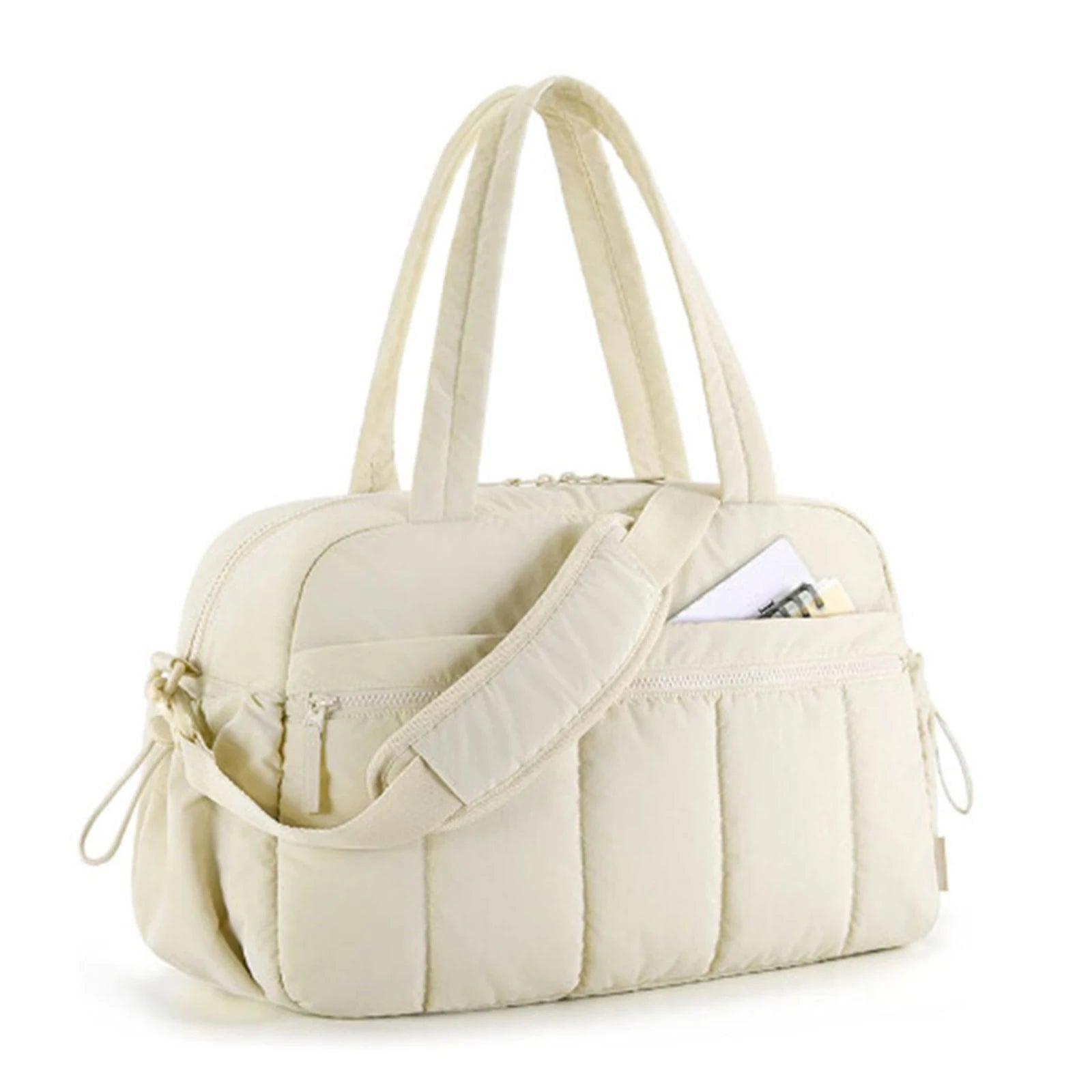 Custom Logo Folding Travel Sport Weekender Gym Bag Durable Beige Quilted Nylon Duffel with Wet Pocket for Sports Sneakers