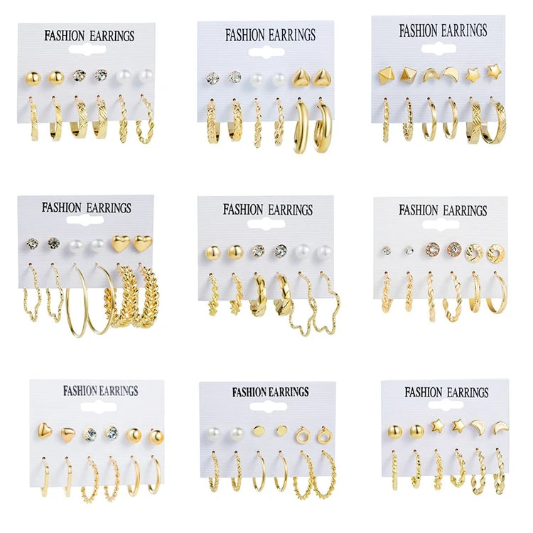 MS-130 Earring Jewelry Kit 6 Pairs Women Geometric Hoop Ball Moon Heart Star Crystal Pearl Alloy Gold Earrings Set