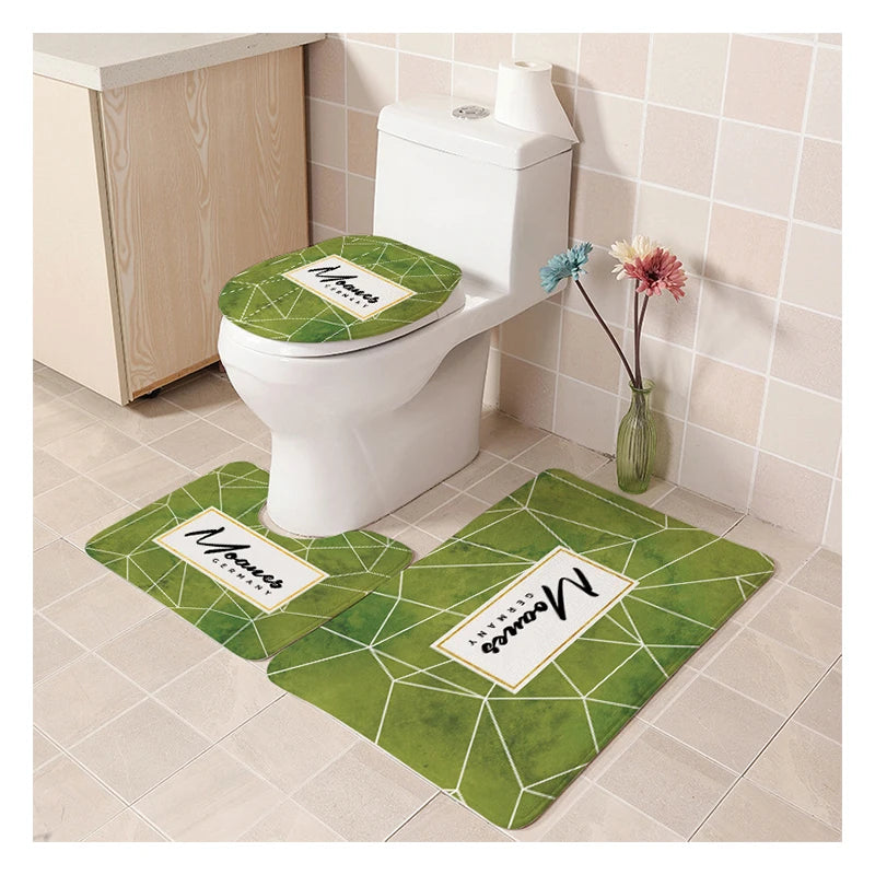 Three Pieces Flannel Printed Toilet Mat Non slip Bathroom Mat Set Rug Carpet Bathmat Set