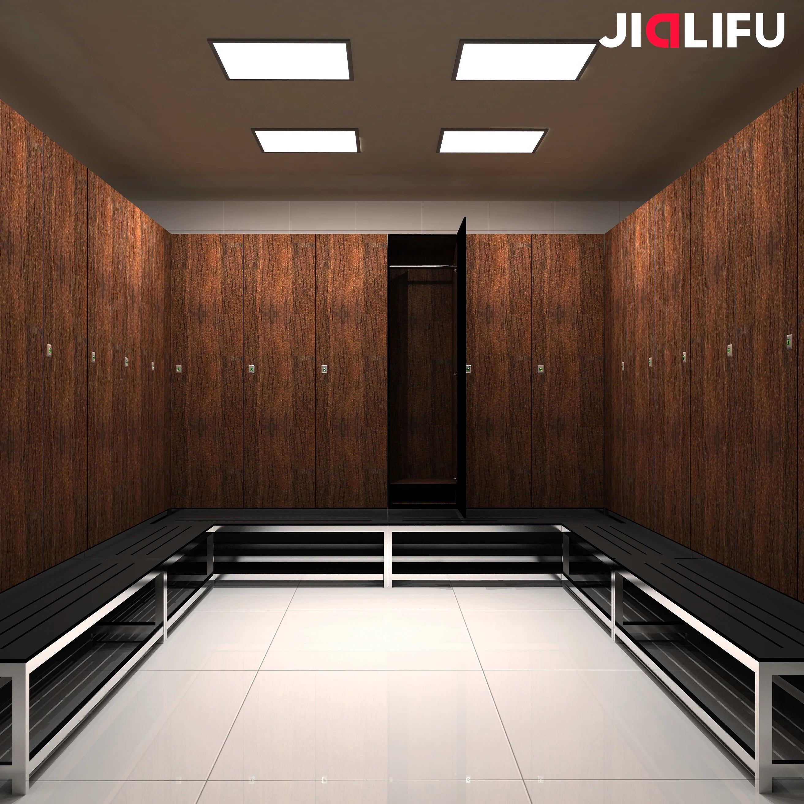 European Standard Phenolic Wooden Gym Lockers Compact Laminate Ski Locker with Bench for Club
