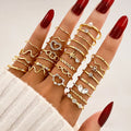 28pcs/Set Bohemian Geometric Gold Love Wave  Stackable Knuckle Rings Set for Women Jewelry Set Simple Zircon Heart Rings