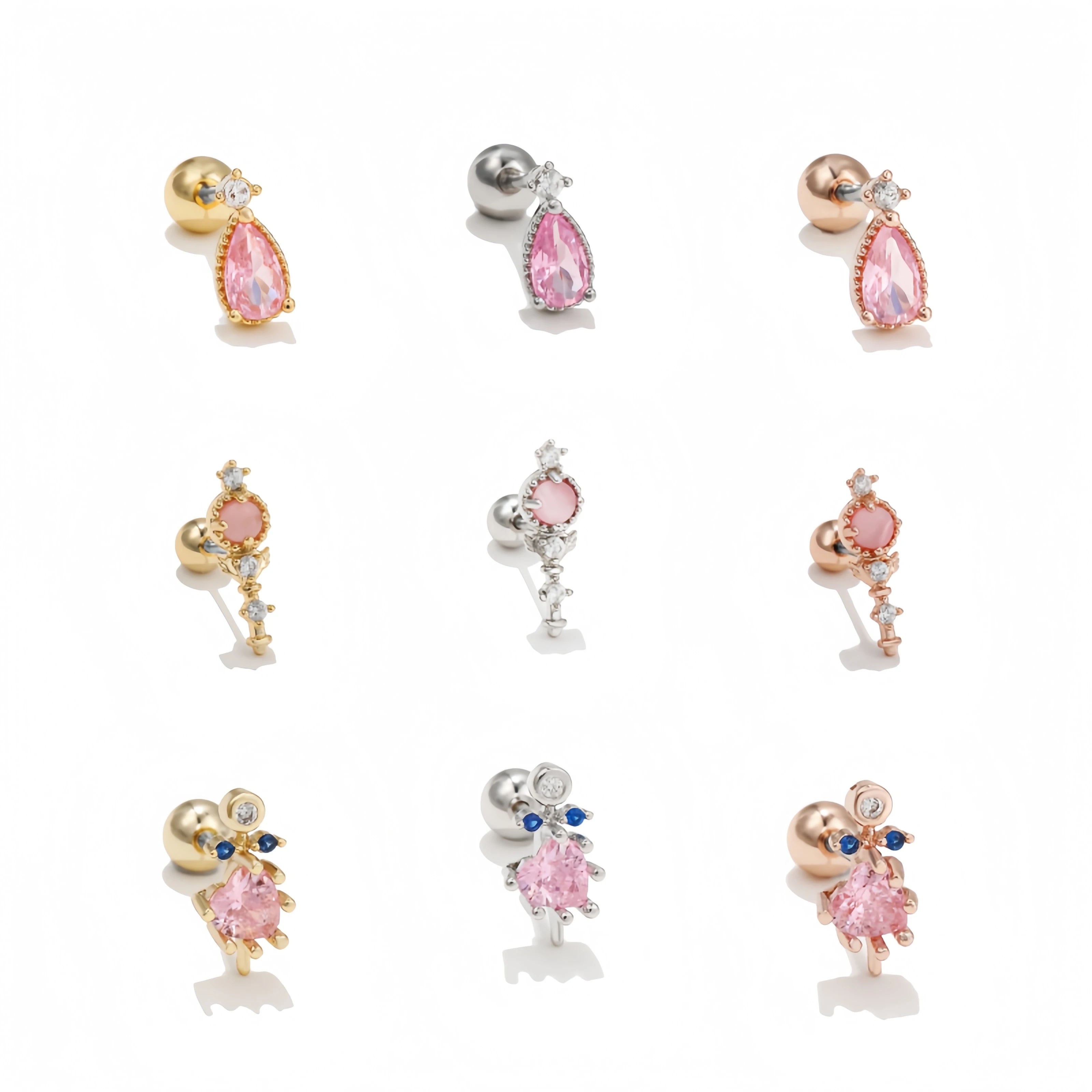 Hot Selling Zircon Studs Earrings Pink Peach Heart Diamond Ear Bone Stud 18K Gold Plated Brass Piercing Studs Earrings for Women