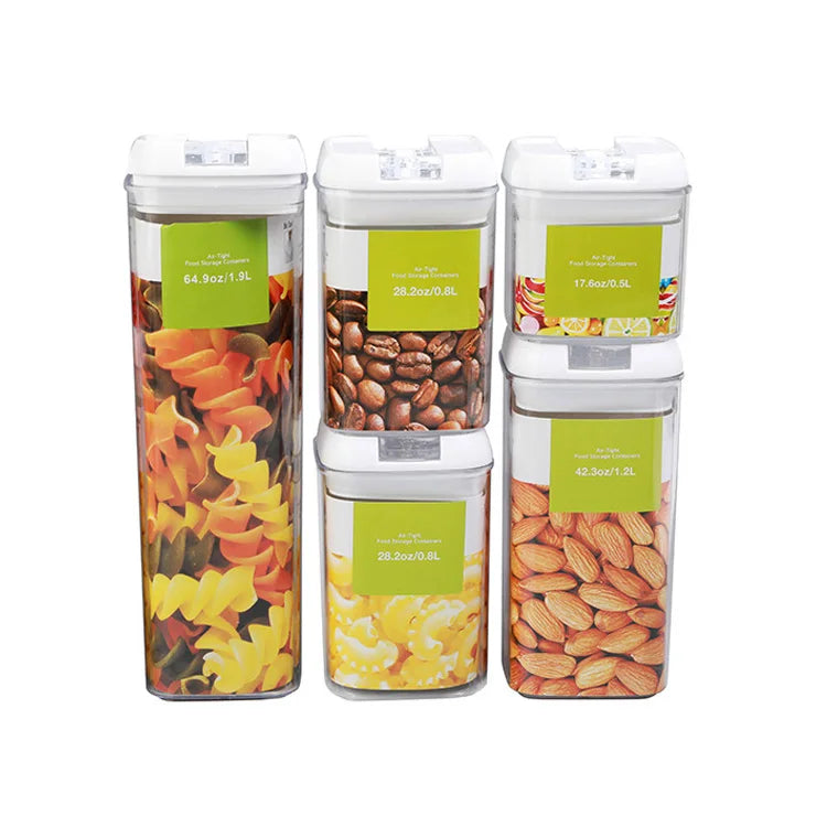 XLT Easy Open 5 PCS BPA Free Reusable Transparent Plastic Dry Food Kitchen Seal Airtight Storage Jars Set