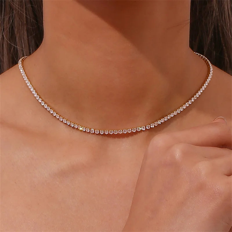 Wholesale Fashion Women's Jewelry 18K Gold Plated Stainless Steel Full Diamond Chain Choker Necklace Party Anniversary Wedding