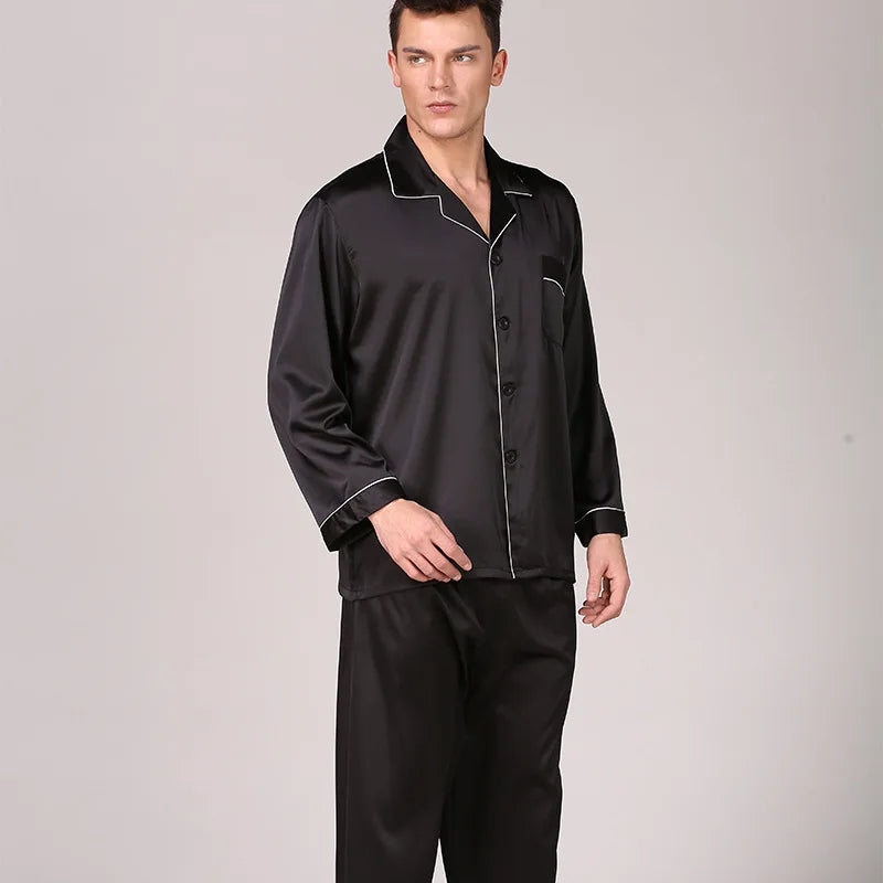 Men's Black Silk Pajamas in Spring Summer and Summer Long Sleeve Solid Color Suit Plus Size