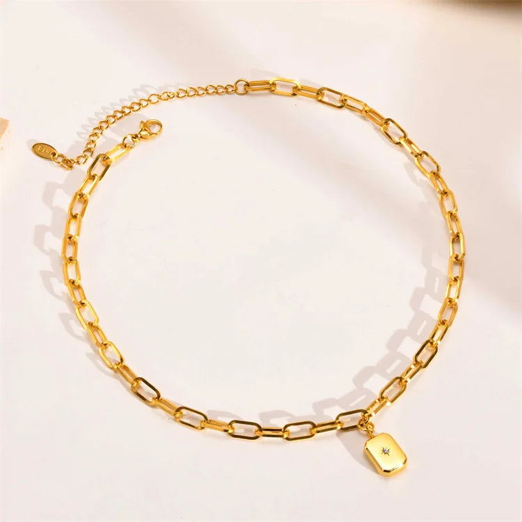 High Polishing Minimalist Gold Plated Blank Pad Lock Pendant Stainless Steel Chain Necklace Women Jewelry